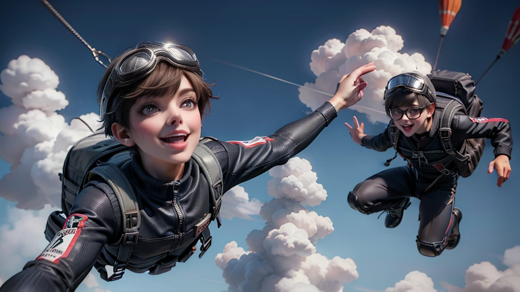 movie picture quality,Disney animation style,A 16-year-old boy rookie skydiver falls through the air, short detailed hair,skydiver outfit,depth of fields,high light,Real light,Ray traching,oc rendered,Hyper-realistic,best qualtiy,8K,Works of masters,super-fine,Correct anatomy,sharp focus on eyes,Facial features are carefully depicted, uncontrolled fall (best quality: 0.8), high drama, scared expression, digital art portrait, sunset, high-quality cityscape background, view from above.