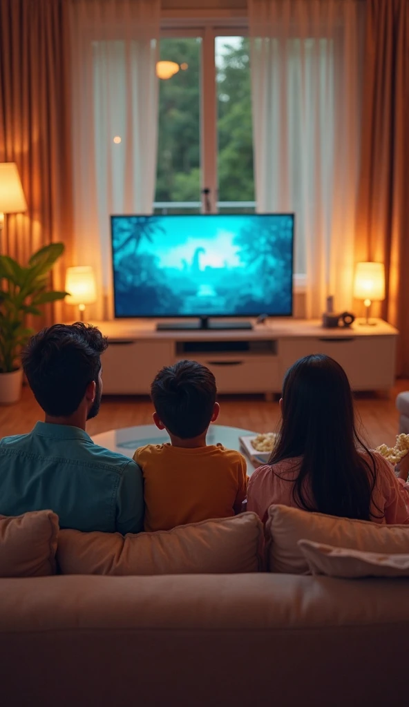 Indians inside a hut watching an 85-inch television
