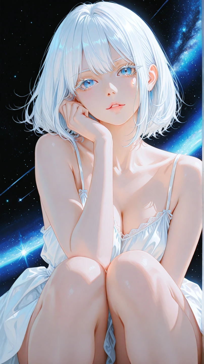 (​masterpiece, top-quality:1.5, a high chroma:1.5, ultra-detailliert, high-resolution illustrations:1.5, Ultra-high-definition CG, 8k size wallpaper, offcial art), (naked body, medium breasts, pussy, nipples, nude shoulders), Medium chest, Cowboy Shot, girl, cloud, Colorful, masutepiece, galaxies background