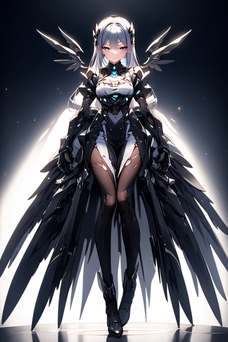 top-quality、Top image quality、masterpiece、girl with((Silver and black mechanical body armor、silver mechanical arm、silver leg arms、Shining red body line、sixteen years old、teen ager、cute little、Best Bust、big bast,Beautiful shining purple eyes、Breasts wide open, white hair、black mechanical wings,Longhaire、A slender,Large valleys、belligerent movements)),hiquality、Beautiful Art、Background with((Midnight City、murky、fluttering white feathers)))、,masutepiece、depth of fields,Cinematic style