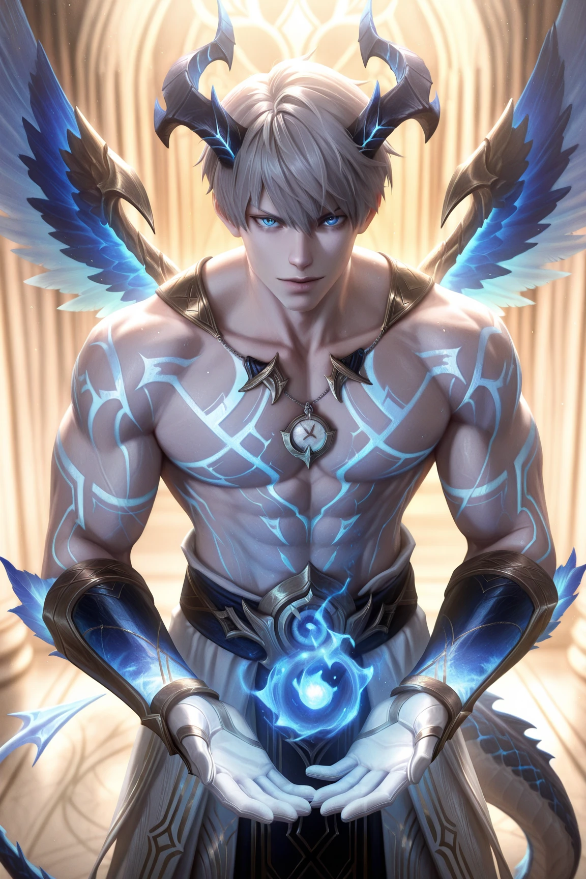 (Handsome) The guy has a six-pack body, boxer underwear, men's boxer underwear, black boxer underwear ,naked, no shoes,Wolf (demon king) tattoo on shoulder,handsome and cool,masculine