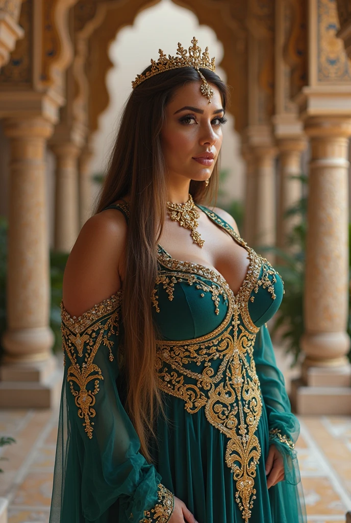 masterpiece, In the soft glow of dawn, Theodora, at 28, se alza dentro de la grandeza del palacio del emperador bizantino en constantinopla. his eyes, lit with ambition, reflect the golden tones that cross the morning sky. Behind her, The majestic cathedral of Saint Sophia stands, her silhouette bathed in early light, a symbol of her rise from courtesan to empress. Around her, The palace gardens unfold in green splendor, reflecting his own flourishing influence alongside the Emperor Justinian. Your trip, a tapestry of cunning and charm, It is as intricate as the mosaics that adorn the opulent halls where it now draws attention... This morning in the year 527 AD.c. marks not only a new day, but the rise of a woman who would shape the empire itself, 16k, ultra high resolution.photorealistic, HD, DSLR, cRUDO, natural light, depth of field