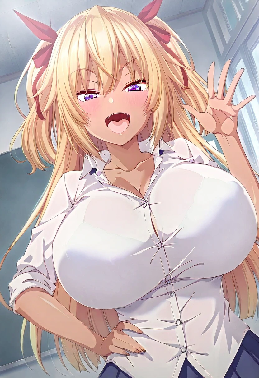 masterpiece, ((sharp expressive eyes)), (((high quality))) 1 girl, senran kagura style, katsuragi, blonde hair, blue hairband, unbuttoned shirt, nipples, smiling