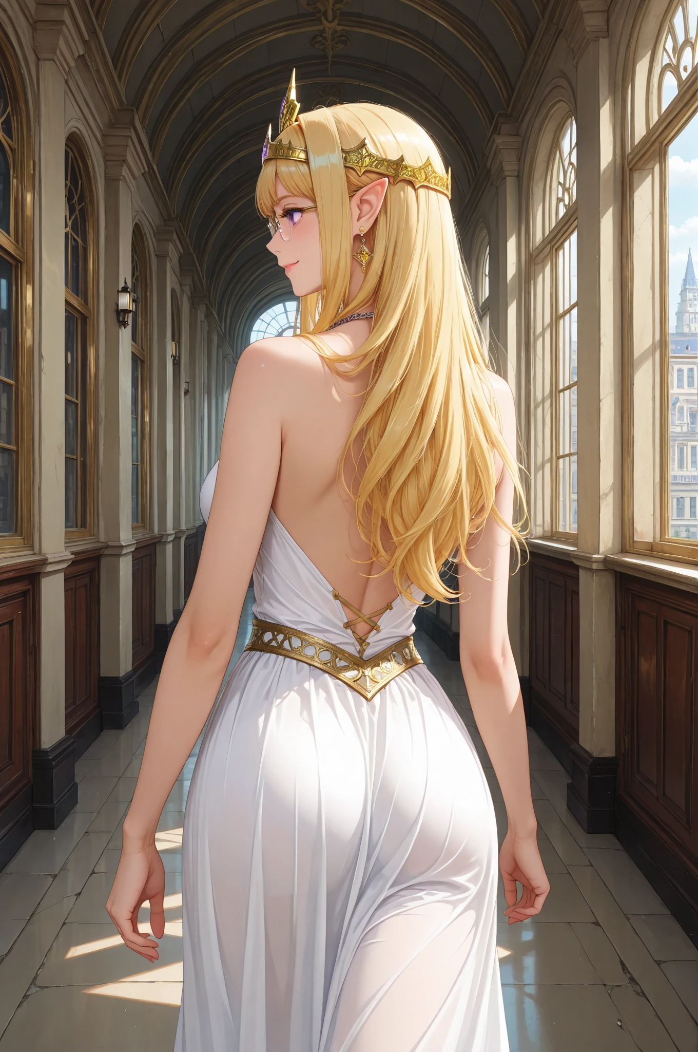 Best quality, 8k, masterpiece 1girl, beautiful, ((camel toe:1,6), (breasts:1,5), (ass:1.7), Princess Zelda wears a regal dress adorned with gold accents, and the dress itself is a lovely shade of blue that complements her golden blond hair. Her face is known to light up the room upon entering, as her presence brings comfort and hope to those around her. She stands at a medium height, and her golden blond hair is styled elegantly. She walks confidently through an open valley, with tall trees standing tall against the backdrop of the sky.