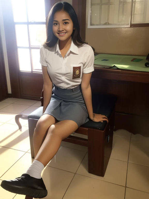 Best Quality, high resolution, Photo Shot, (Photorealistic:1.4), 1girl in, muscular Girls, Muscle Girl, large breasts, wide shoulder, thick body 
Sexy , (indonesian highschool uniform) , wearing white shirt, wearing grey blue short skirt, Looking at audience, Cute smile, Full body, Detailed eyes, Detailed face, seltry, detail skin, close up