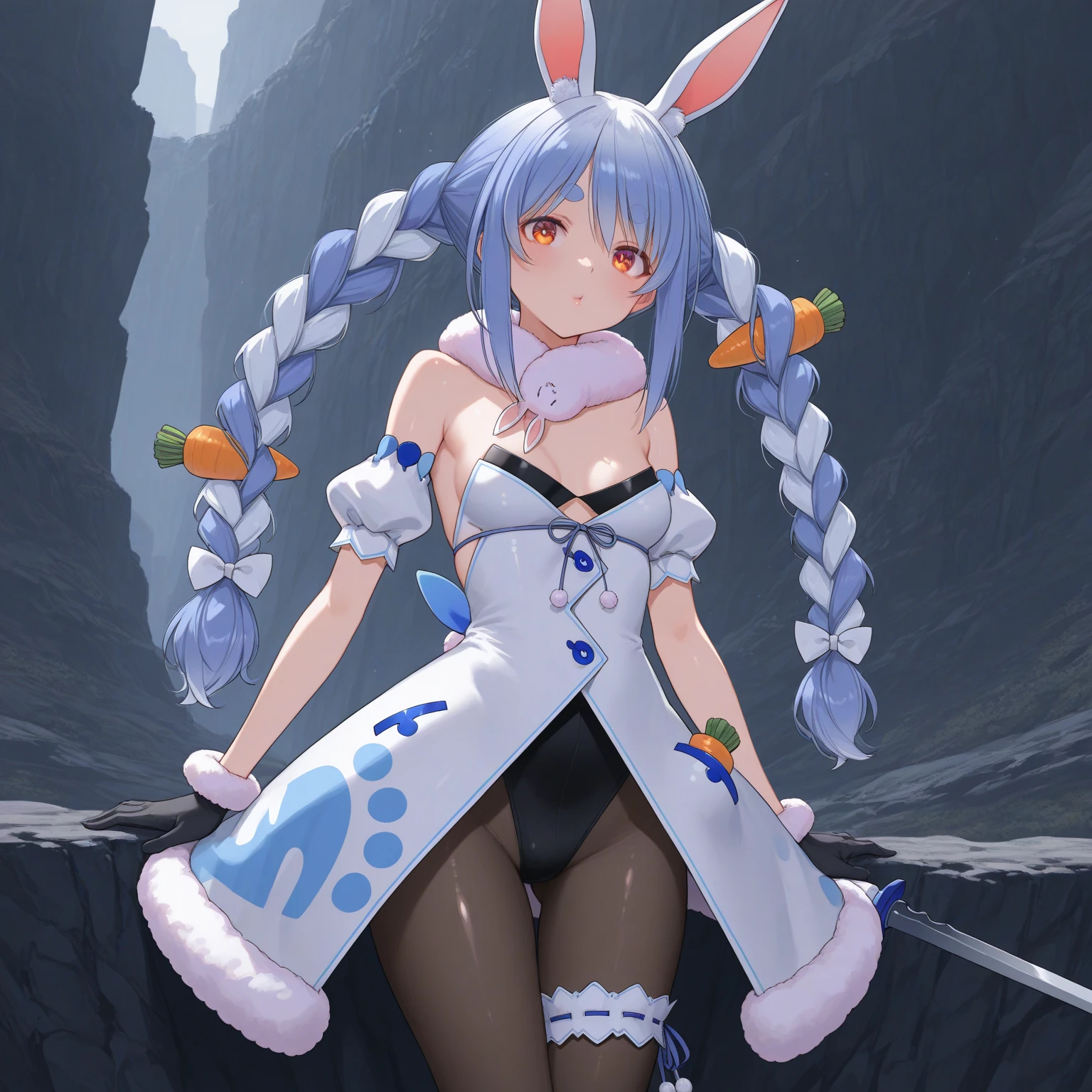 Anime girl with rabbit ears holding a sword in the forest, anime in fantasy style, bunny girl, Warrior Rabbit, Sexy in a magical forest, white colored hair,  the anime, made with anime painter studio, fantasy art style, anime stylized, epic anime style, digital anime illustration, in anime style, anime artstyle, in anime style? in a one-piece swimsuit, Gloves in gloves. Hydroelectric element.
