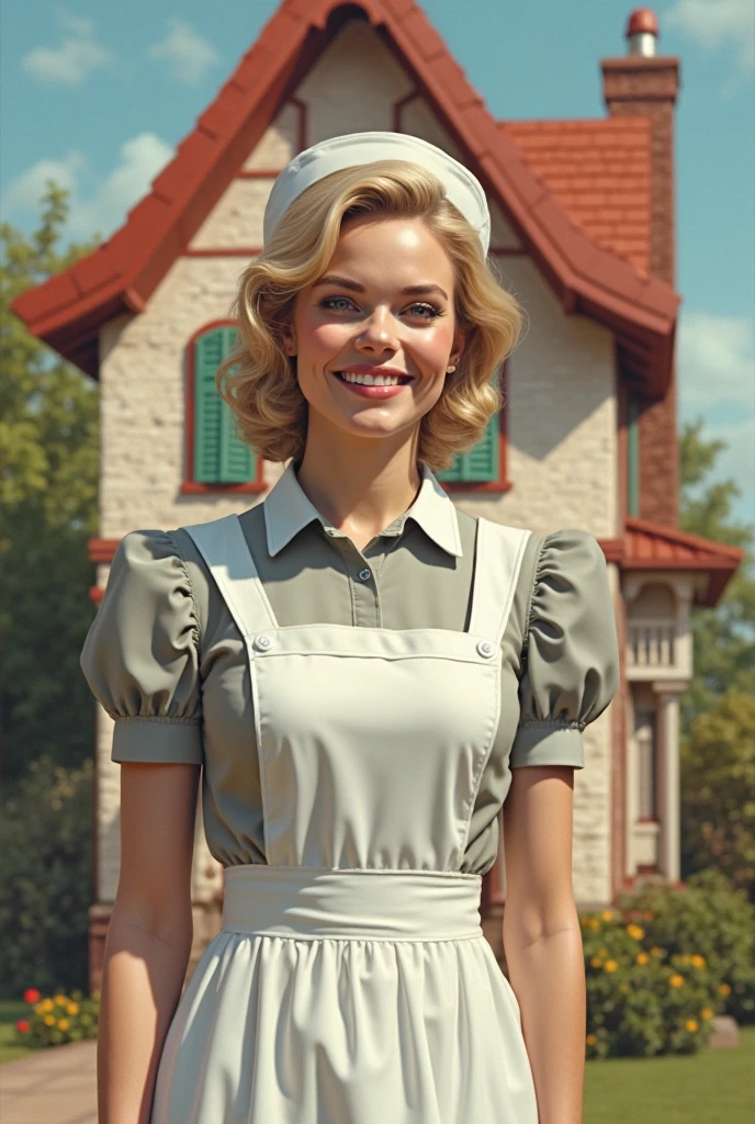 a close portrait of  b3linda_n0texist, 1960s dress, high collar, leaning on a classic 1960s car, huge grin, [headshot], [centre frame], looking at the camera, facing the camera, dynamic lighting, photorealistic, high detail, detailed, masterpiece, 8k, highres, flawless, colour, professional