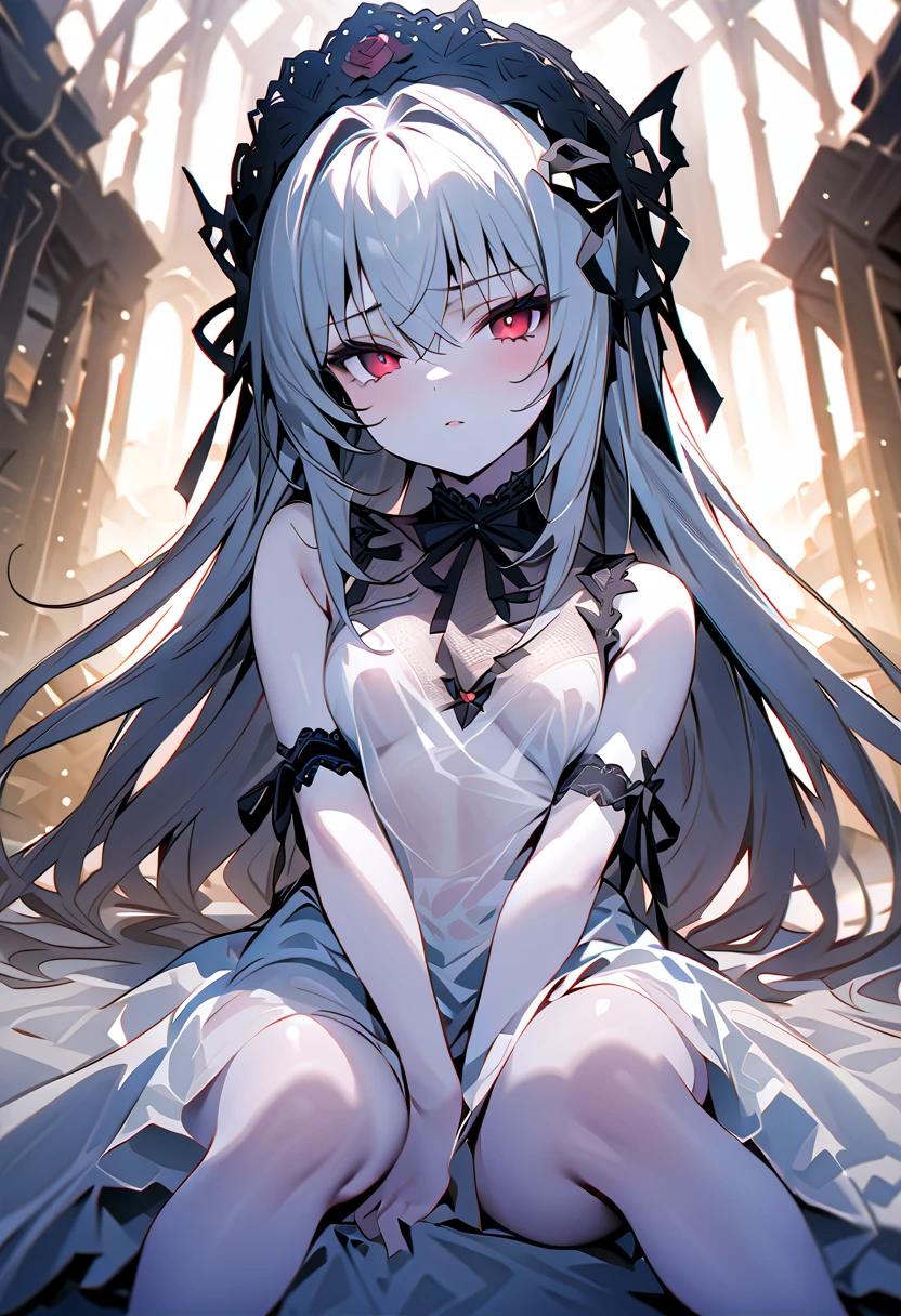 (Confused, High resolution, Very detailed), 1 female, Silver Hair, Long Hair, golden left eye and purple right eye, heterochromia, White patient gown, Appearance of the injury,24th generation, beauty, mature, thin, quiet, Calm, Sitting on a medical bed, Bandage on right arm, hospital, was injured, bandage, Pain々Shii, bandage on arms, bandages on legs, perfect proportions, perfect hands, form fitting hospital gown