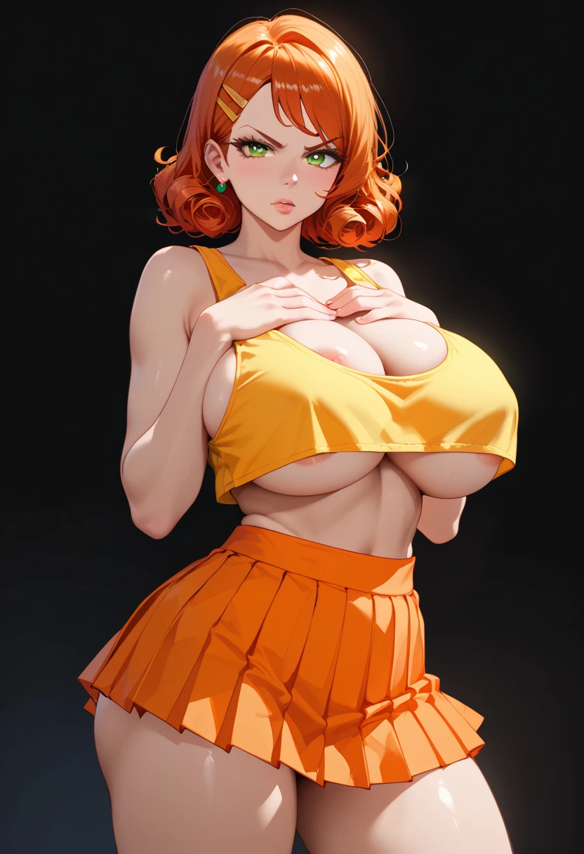 (masterpiece), (portrait), medium breasts (aesthetics), ((1 19 year old girl)), ((long light orange hair)), (( short cute punk hair)), wavy hair, thin open eyes, eyes blues, cute, feminine, woman, feminine features, high quality, aesthetic clothing, professional angle, (rule of thirds), feminine characteristics, solo, (attractive Korean woman), summer, (ink mist), (afternoon), (light vibrant), seductive posture, ((face looking forward))), long sleeve, hip Long Off Shoulder Hop Top Short Pleated Skirt ((Energy)), (Bold Makeup), (Medium Breasts), Tanned skin, (Clothes with Hip Hop Details), (Crop Top), (Beautiful neckline), beautiful body, beautiful eyes, bright eyes, seductive smile, beautiful mouth, beautiful lips, (best quality, ultra-detailed, photorealistic: 1.39 ), bright and vibrant colors, studio lighting, romantic expression, seductive,