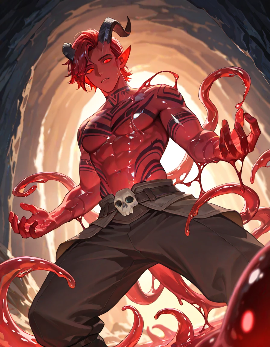 ((intricate design)) Top quality, 16K, High Definition, 16K splash art, high-res, ultra sharp, ((masterpiece)), the best quality, expressive eyes, perfect face, Super eyes, masterpiece, (((volumetric lighting))) (((natural lighting))) (((1Male))), ((muscular)), ((bodybuilder)), ((hyper pecs)), thighs, (((textured skin))) god of tentacles, sexy tentacles, tentacle humanoid man, humanoid bodybuilder, hyper pecs, glowing, god rays, melting, lava, volcano, melding, entangled, (((red skin))), Orange Body blushing, blood-red slimy tentacles, lava, liquid lava wet, monster, (((fully red skin tone))) in a cyberpunk city, (((neon lighting))) (((fluorescent lights))) (((backlighting))) (((nighttime))) elf ears, devilish horns, (((bloom))) silky royalty robes, eldritch magic, scythe,