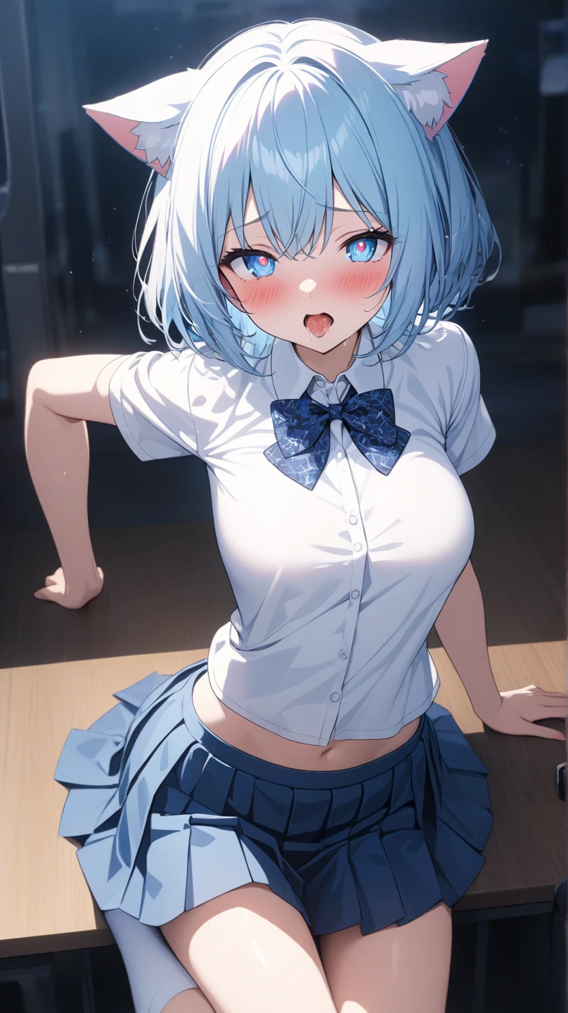 独奏、(Dark blue pleated skirt Dark blue、Dark blue micro mini skirt dark blue、Sailor suit summer uniform、Short sleeve white shirt、Navy Blue Ribbon)、(Big Breasts、slim、Slimming、Muscular、Beautiful Abs、Bare thighs)、(White, pale pink or pale blue panties、BREAK Panty Drop、Are standing、Raising his arms、Pussy、Pussyライン)、(I opened my mouth slightly、Sexy look、Blushing)、(Kyoto Animation Style、short hair、(Blue Hair:1.7)、Blunt bangs、Hair between the eyes、Clear Eyes、Blue Eyes)、NSFW、high school girl、high school、classroom、
