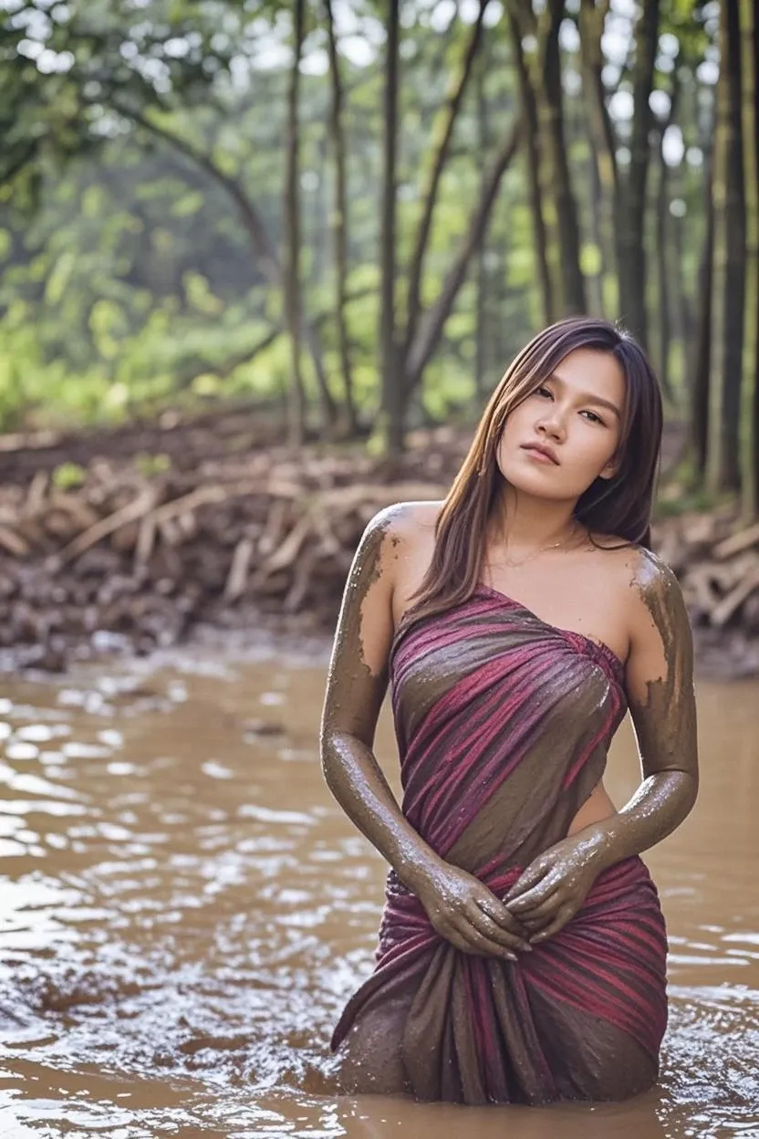 Ariel View, A nude Japanese woman covered in dark red ink in a dirty place with her binini top torn and open, pulled down, nipples seen, and dirt on her chest. Sad expression, And he was sleeping on the dirty floor, suddenly there was mud from the roof tiles, his body was covered in a lot of mud, and she fell down, she fell in a pile of cow dung, Legs open, vagina seen, pubic hair, deep wounds, Rubbish all around her, trash, Asleep, mouth slightly open, sad expression, laying down, full body shot, face slightly disfigured, body wounds, cuts, abrasions, scars, dirt marks, covered in dark red ink, large machete lays on the floor next to her