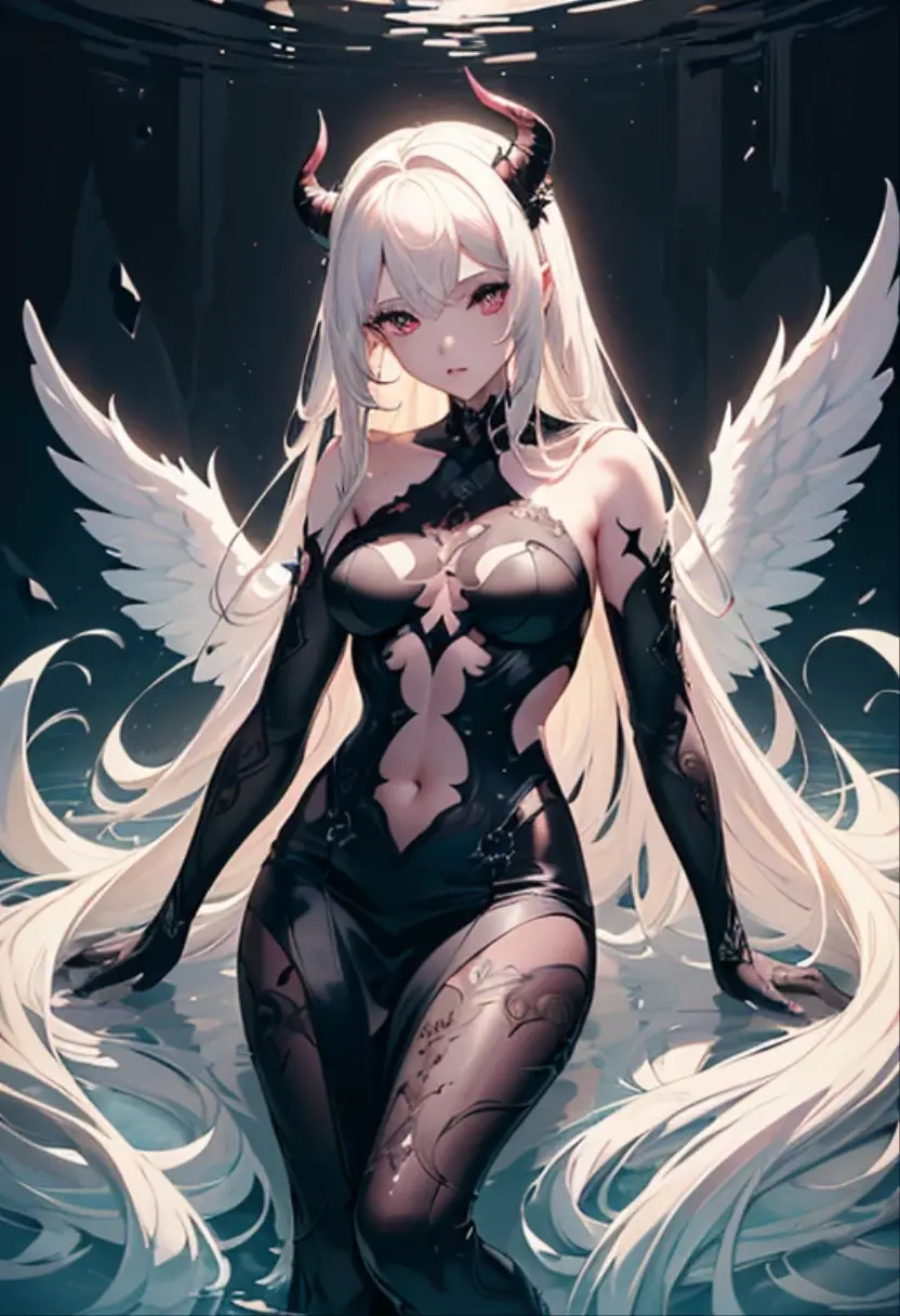 giant girl 50,000 feet high,Weight 1000kg,Has a pair of long legs,Open your eyes wide,Has three pairs of huge white angel wings,With huge devil horns on his head,crown on head,Elf wearing white earrings,She has long pink hair that reaches her feet,loose hair,Pink wavy long curly hair,Wearing a pair of black boots,White sleeves,Wearing white lace pantyhose,Pantyhose with bow and star decorations,白色蕾丝whole body,sitting on a tall building,Beautiful appearance,Exquisite makeup,quality,8k,高quality,Perfect proportion, Cinema lighting,film grain,Fuji colors,8k,textured skin,Super details,high detail,high resolution,charming,blood stains,脚底有blood stains,whole body,Obese,elf princess,feather,flowers