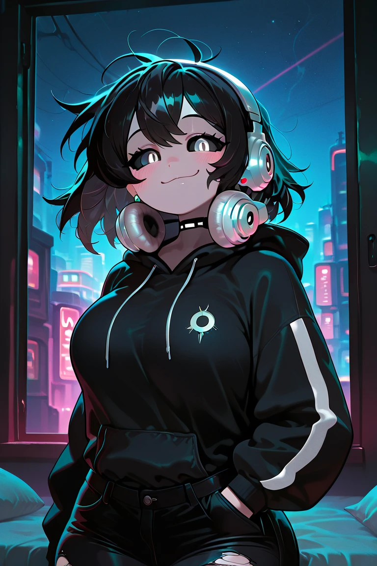 Chica,short wavy and messy black hair with neon light blue tips,ojos rojos y con pupilas en forma de remolino,piel blanca, sonrisa con colmillos y ropa y2k
