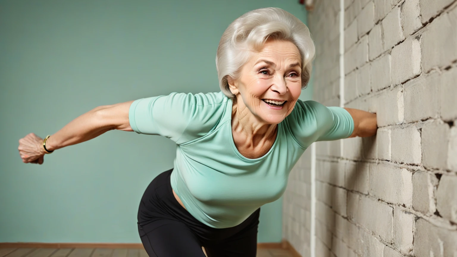 Create me a thumbnail of a happy realistic senior person doing exercises for a YouTube video