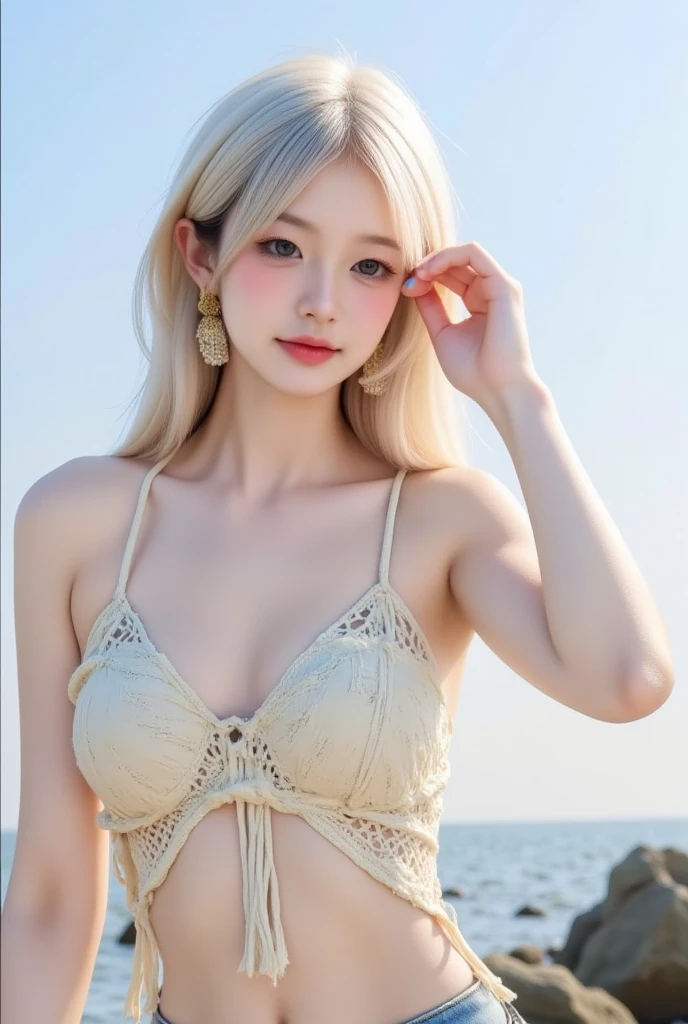 730717681 Only one woman, alone, blonde、Shining beautiful skin、big breasts、outstanding style, Crochet top, beach , highest quality, ultra high resolution