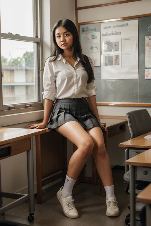 Sweet young Indonesian jakarta junior high school girl, sweet georgeus face, 14 years old, slim body, long slim legs, descent mixed from minang and bugis, she has short lady Di's hairs style, round big briliant eyes, long eyelashes, nubian type beautiful nose, sexy red lips, wearing black sport shoes and short white socks, wearing glasses, wearing white buttoned shirt, wearing blue ripled skirt, siting cheerful straddeled spreading wide both legs in classroom, wearing white panty exposed, very realistic, very detail, very natural, this picture taken using DSLR camera, no monster face,