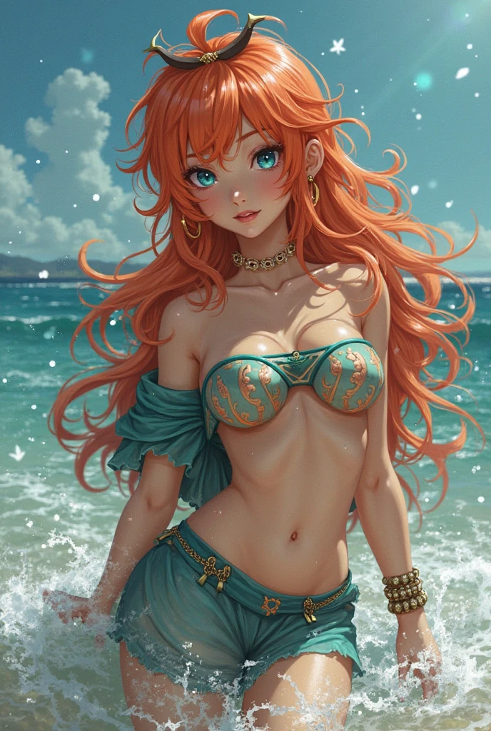 A woman sitting in a bikini with chains around her. One Piece Us from One Piece Enchanting Anime Girls Anime Characters One Piece Nami Full Body Art Monokini Beautiful and Detailed Anime Art One Piece One Piece Nami