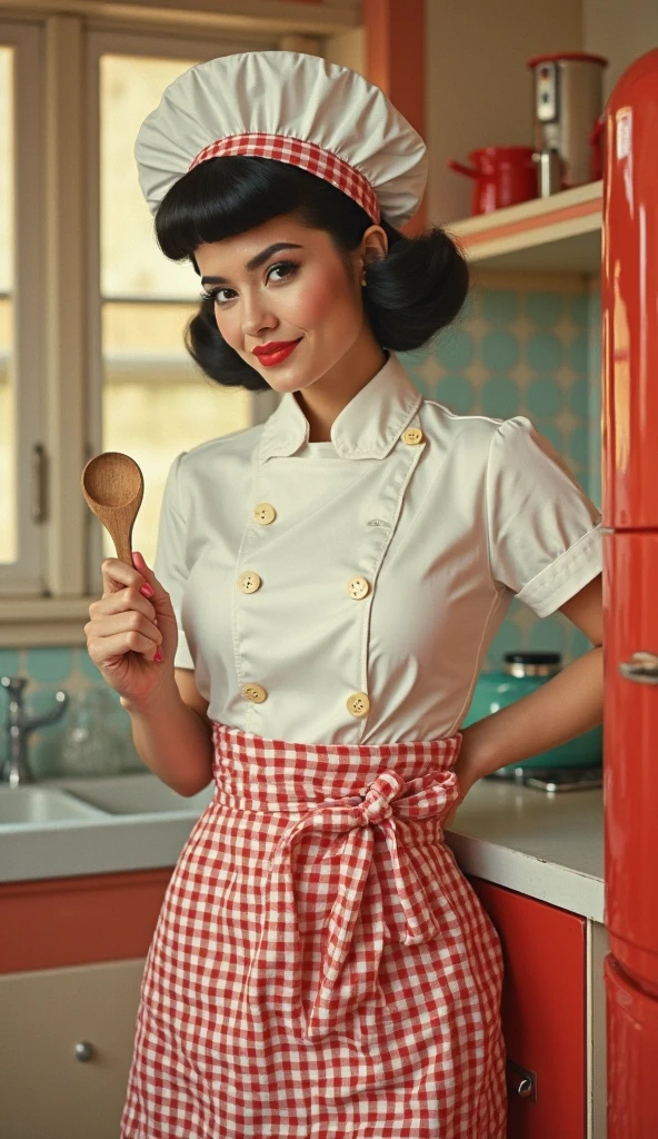 woman in red shirt holding a tray of cupcakes and a measuring scale, 50s style infomercial, 5 0 s style, 50s style, pin - up, pin-up, retro 5 0 s style, pin up, pinup style, 1 9 5 0 s style, gil elvgren style, retro pinup model, pinup model, food stylist
