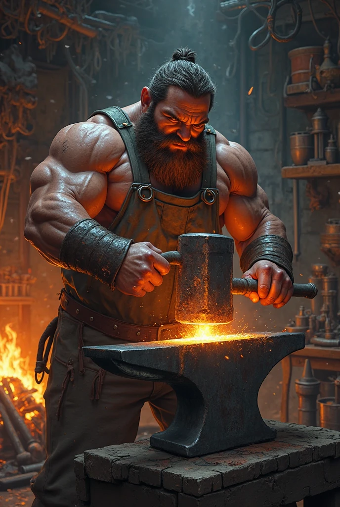 2D, muscular, blacksmith, man with beard, hammer in hand hitting an anvil