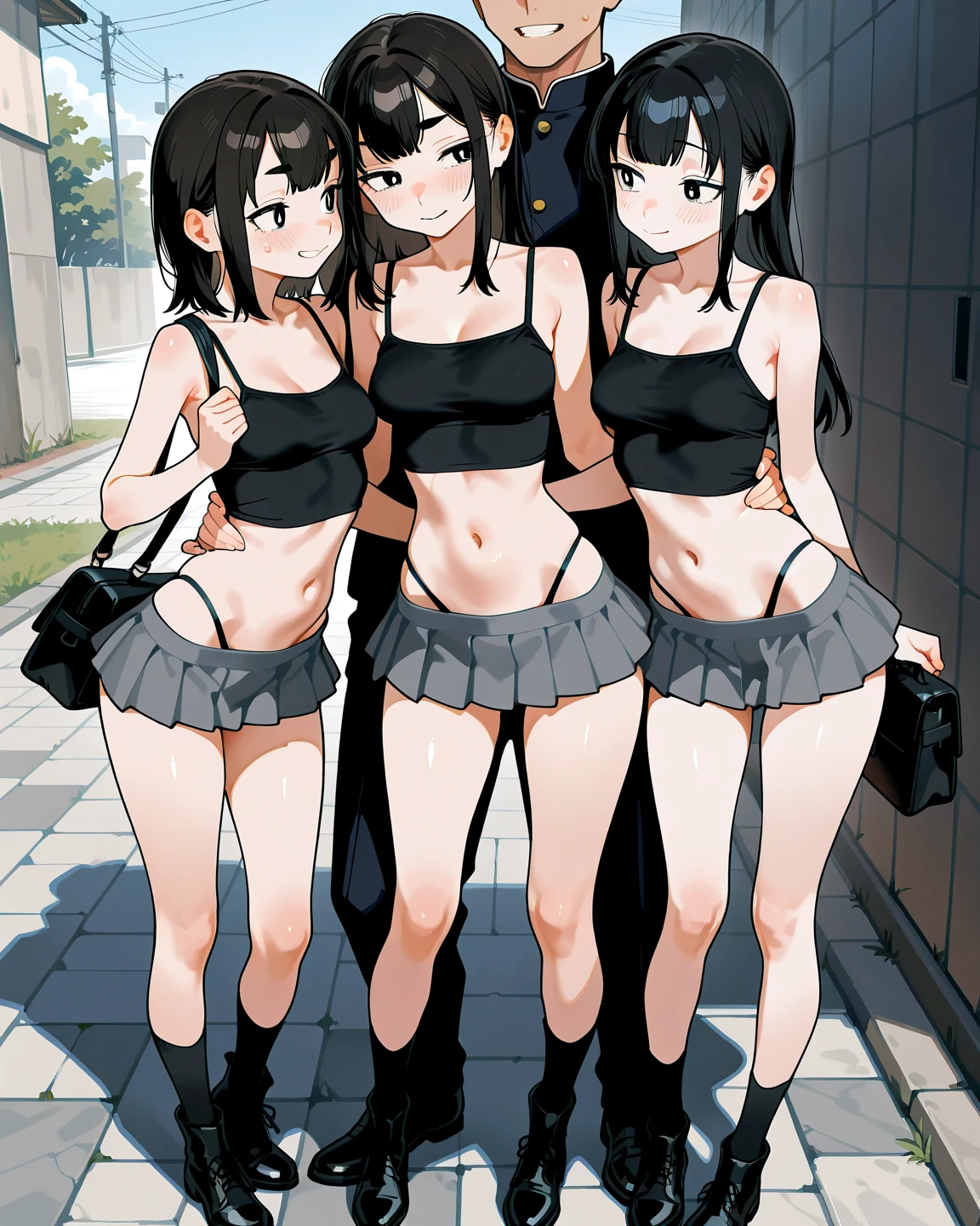 Masterpiece, beautiful slender girl, multiple girls, bus stop, unzipped shorts, pussy peek, pussy, no panties, sweat, sweatdrop, t-shirt, midriff, pussy juice, blushing, bare legs, slim, full body, sneakers, embarrassed, scared, hiding, covering mouth, thigh strap, vibrator, small breasts, peeing, pee, pee puddle, peeing, squirting, pussy juice, crowd in the background
