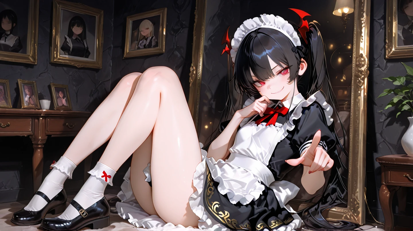 Girl with long pointed ears full of piercings, short black hair, duendecillo haircut, red eyes and reindeer antlers on head sitting on toilet.