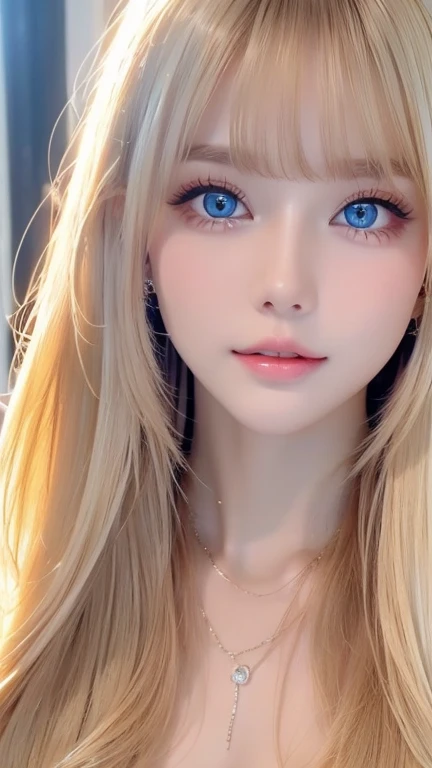 Very beautiful blonde girl、Large, very bright, whitish light blue eyes that shine beautifully、Very big eyes、Extremely white, bright, young skin、Small Face Beauty、Round face、Super long, very beautiful, super long, straight, silky blonde hair、Very pretty bangs that fall on the face、Cute and beautiful face、Very cute 15 year old girl、Cheek gloss highlighter
