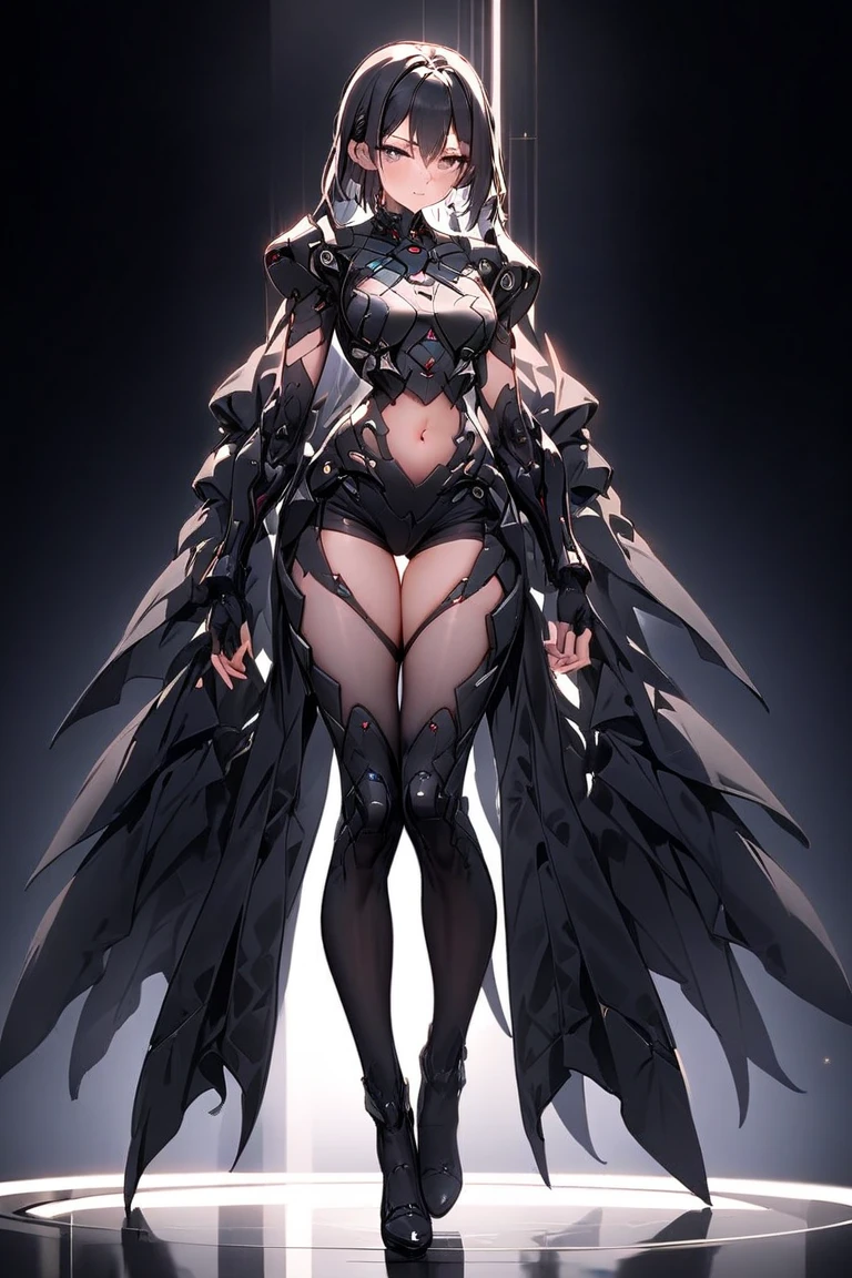Adult female with white hair,cleavage,slim figure,Queen,black knight armor,Bare waist,Iron skirt,Thin legs,iron boots,Standing,castle