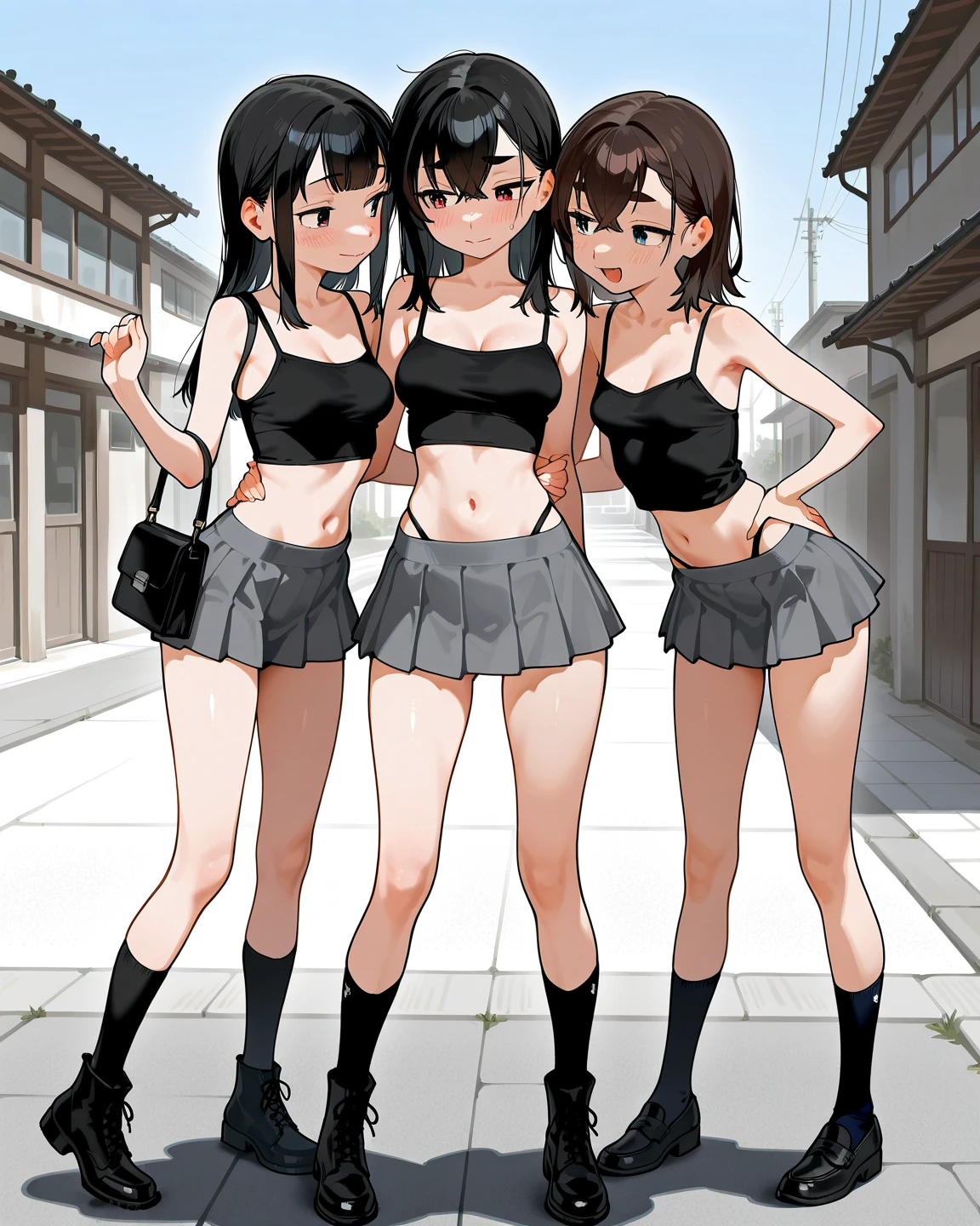 4 anime girls full body, very attractive, very stylish, Different heights among them, they are separated from each other with cute poses ,they wear short shoulder-length black hair, They wear very short shorts, They wear very short blouses, They wear high heels, They are of different ages, white color background, realist anime.