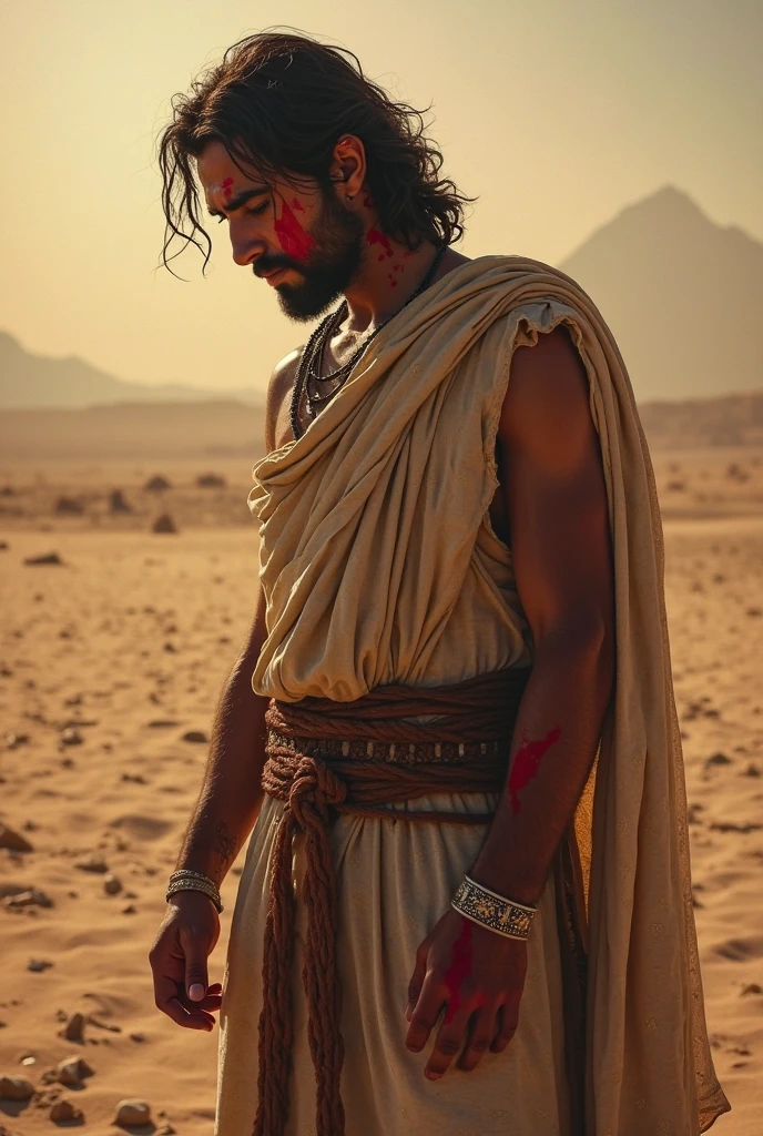 a Hebrew believer, with a thin appearance, did not eat much because he was fasting, biblical story, in the desert, 4k, photographic and realistic image