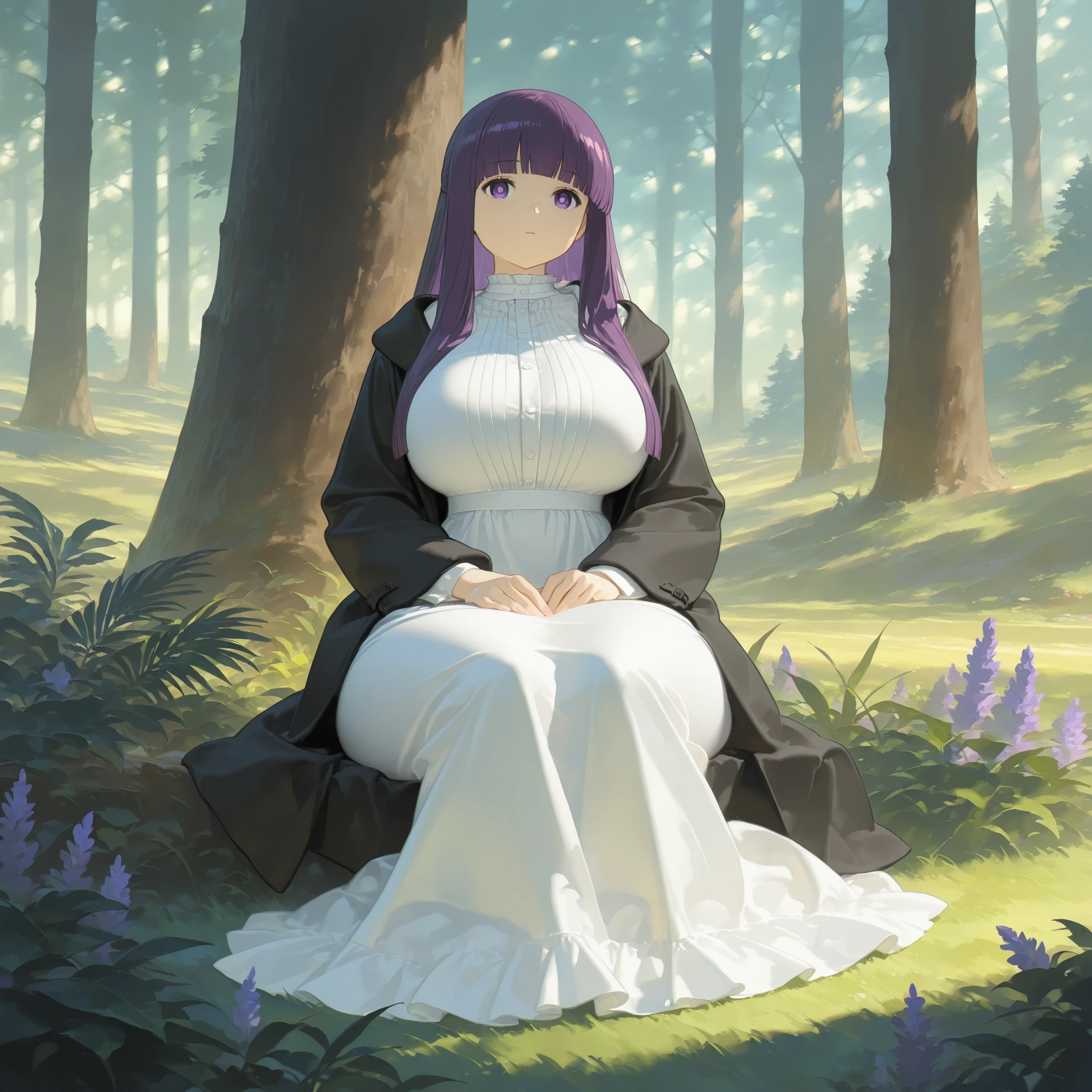 masterpiece, ultra-HD, impressionism, high detail, dynamic lighting, best quality, very aesthetic, 8k, best quality, beautiful, 1girl, solo, Fern, purple hair, long hair, purple eyes, bright pupils, blunt bangs, hime cut, huge breasts, narrow waist, wide hips, thick thighs, black coat, long white dress, expressionless, cute, elegant, hands on lap, sitting on the grass, full body, looking at viewer, forest background, from the front view