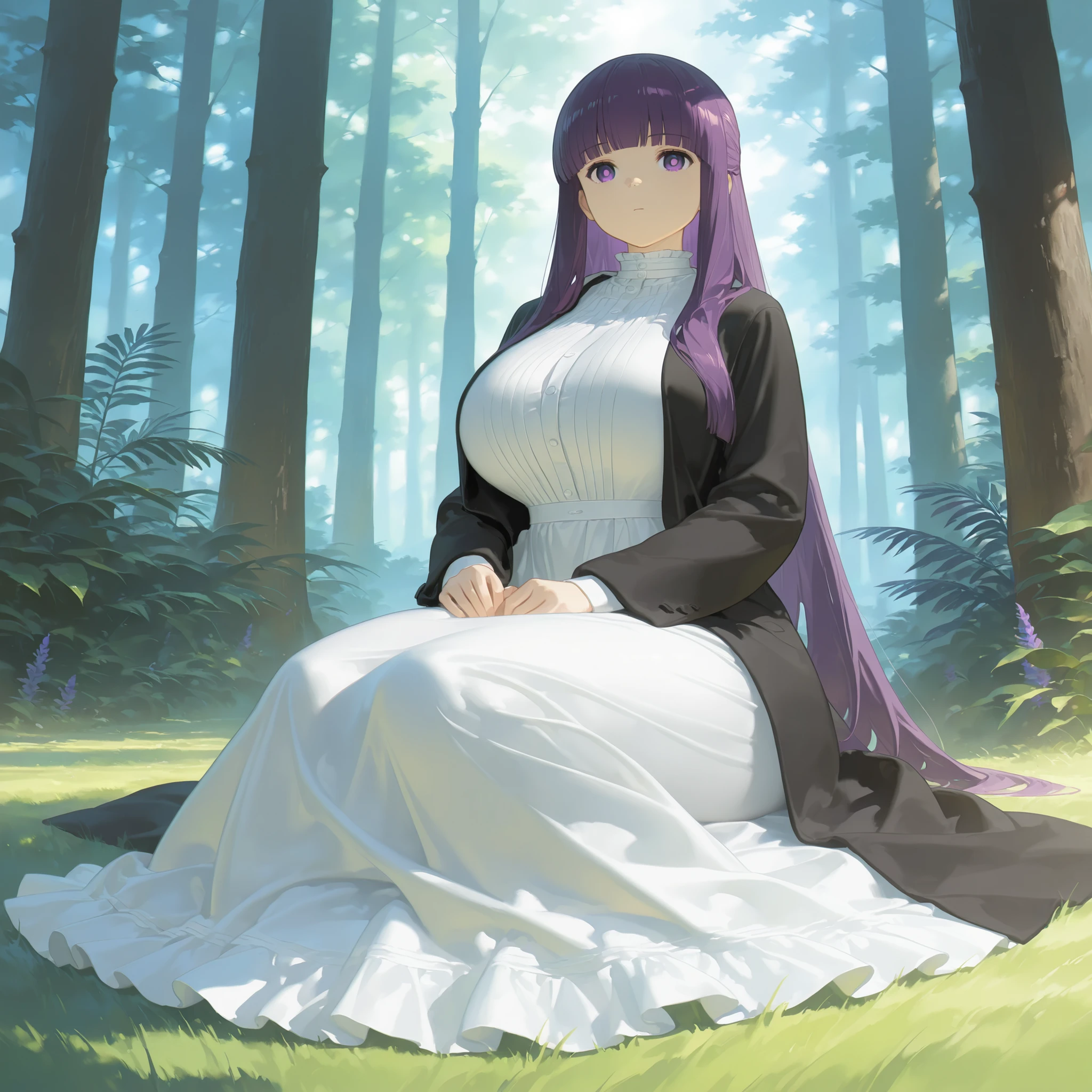 masterpiece, ultra-HD, impressionism, high detail, dynamic lighting, best quality, very aesthetic, 8k, best quality, beautiful, 1girl, solo, Fern, purple hair, long hair, purple eyes, bright pupils, blunt bangs, hime cut, huge breasts, narrow waist, wide hips, thick thighs, black coat, long white dress, expressionless, cute, elegant, hands on lap, sitting on the grass, full body, looking at viewer, forest background, from the front view