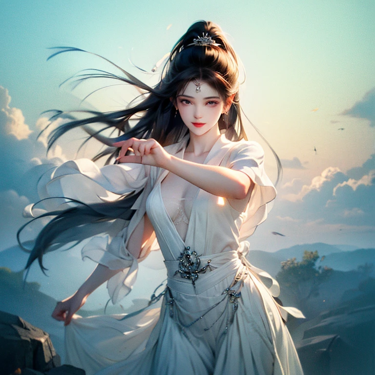 shining star,A beautiful oriental girl,Single ponytail,Dragon Horn,Big breasts,thin waist,white skin,Perfect proportion,Wearing a dance dress,8k,The focus of the audience,Lighting effects,Super details,