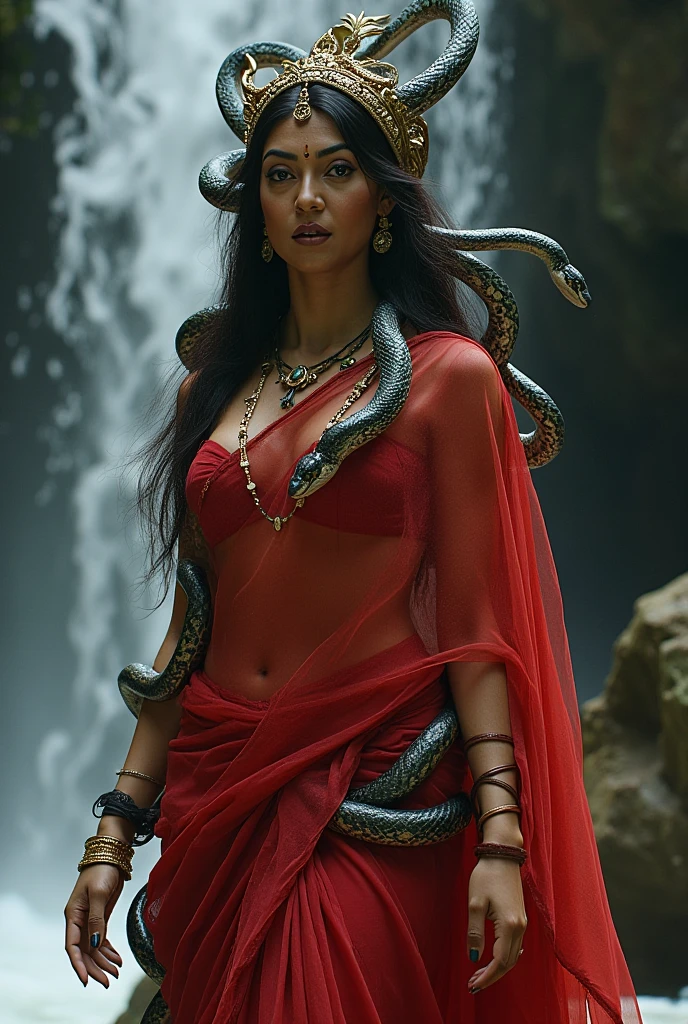 (dark night scary atmosphere) (low light) (scary face) indian brunette woman in a green saree with a snake head, brunette body, beautiful female gorgon, young woman as medusa, fierce medusa, beautiful woman, goddess of greek mythology, eyes are firing, female medusa long hair, earth goddess mythology, cinematic goddess body shot, night blue ambience, long flowing medusa hair, medusa