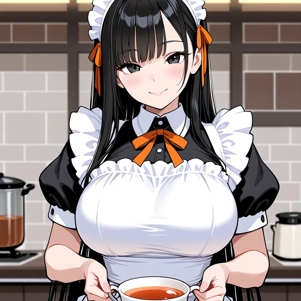 InuzukaTsume, huge_breasts,  standing, solo, facial_tattoo, white_apron,, masterpiece, best_quality, detailed_face, detailed_eyes, highres, beautiful, detailed, absurdres,