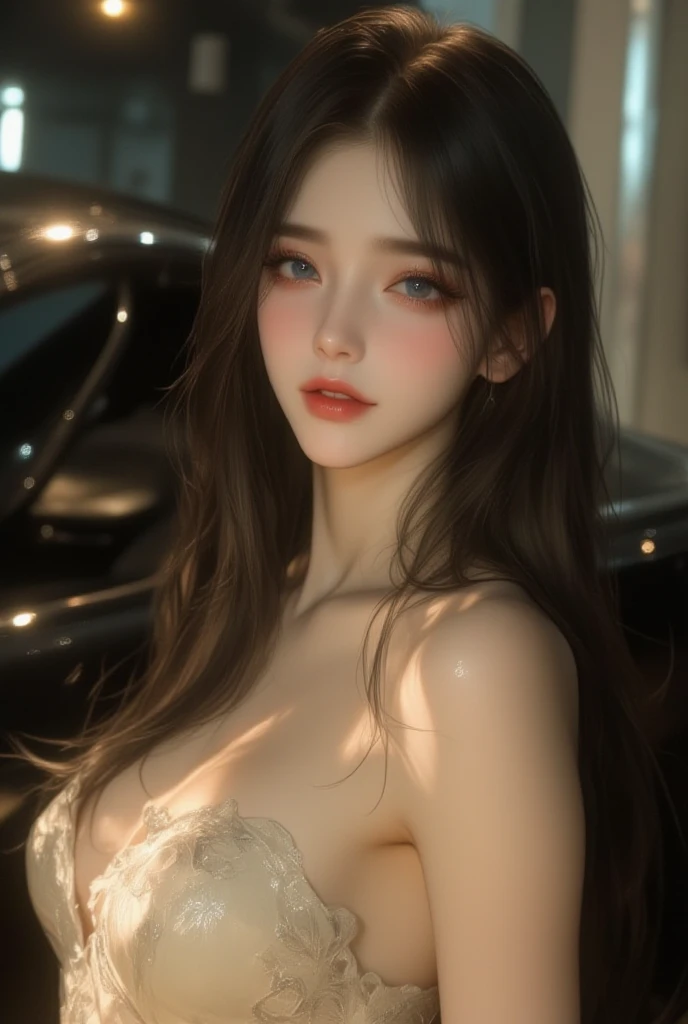 Amazing portrait of a sexy woman with a beautiful face and seductive eyes and cleavage while bending forward through a car window in the night time while it's raining with extremely detailed eyes and face and long eyelashes and beautiful detailed lips and is seductively gazing and capturing the viewer's attention while her posture exudes confidence and allure and the raindrops on the car window add a touch of mystery and sensuality to the scene and the lighting creates a moody atmosphere emphasizing the woman's beauty and enhancing the overall seductive vibe.