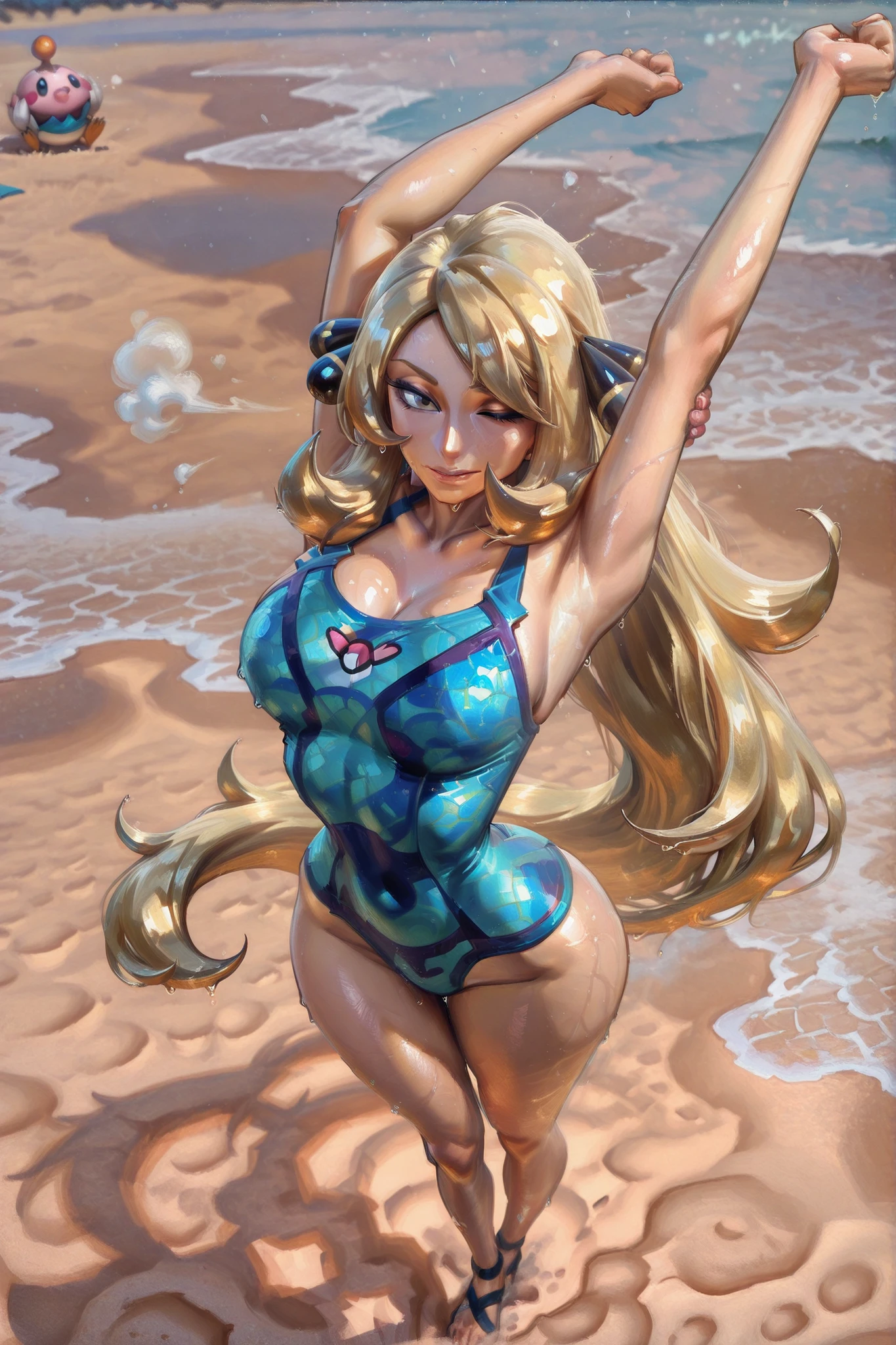 (White background, 1girl:1.4), BREAK,Long blonde hair, blue eyes,Narrow waist,voluptuous Breasts,(one-piece competitive swimwear,one-piece competition swimsuit:1.6), blush,Open your mouth,(covered nipples:1.2)