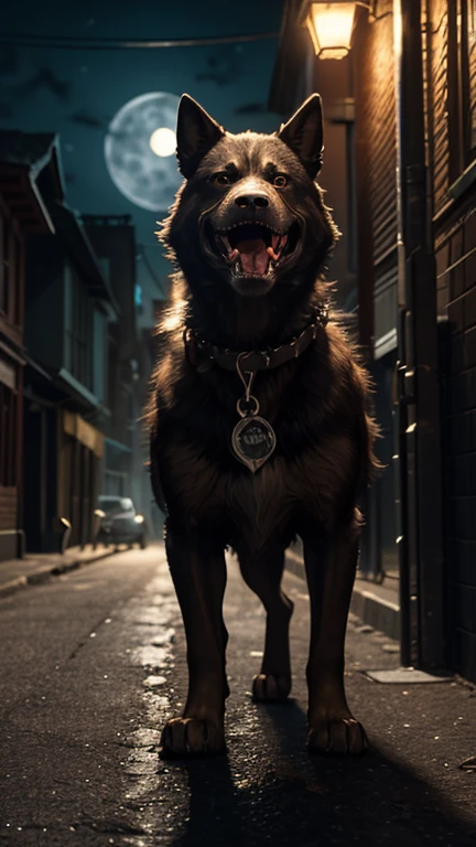 Create a realistic and terrifying image of a single dog, such as a Doberman , with a fierce expression, showing its teeth and intense, glowing eyes. The dog should have a muscular build, standing in a dark, eerie setting with shadows and mist, enhancing its menacing presence.