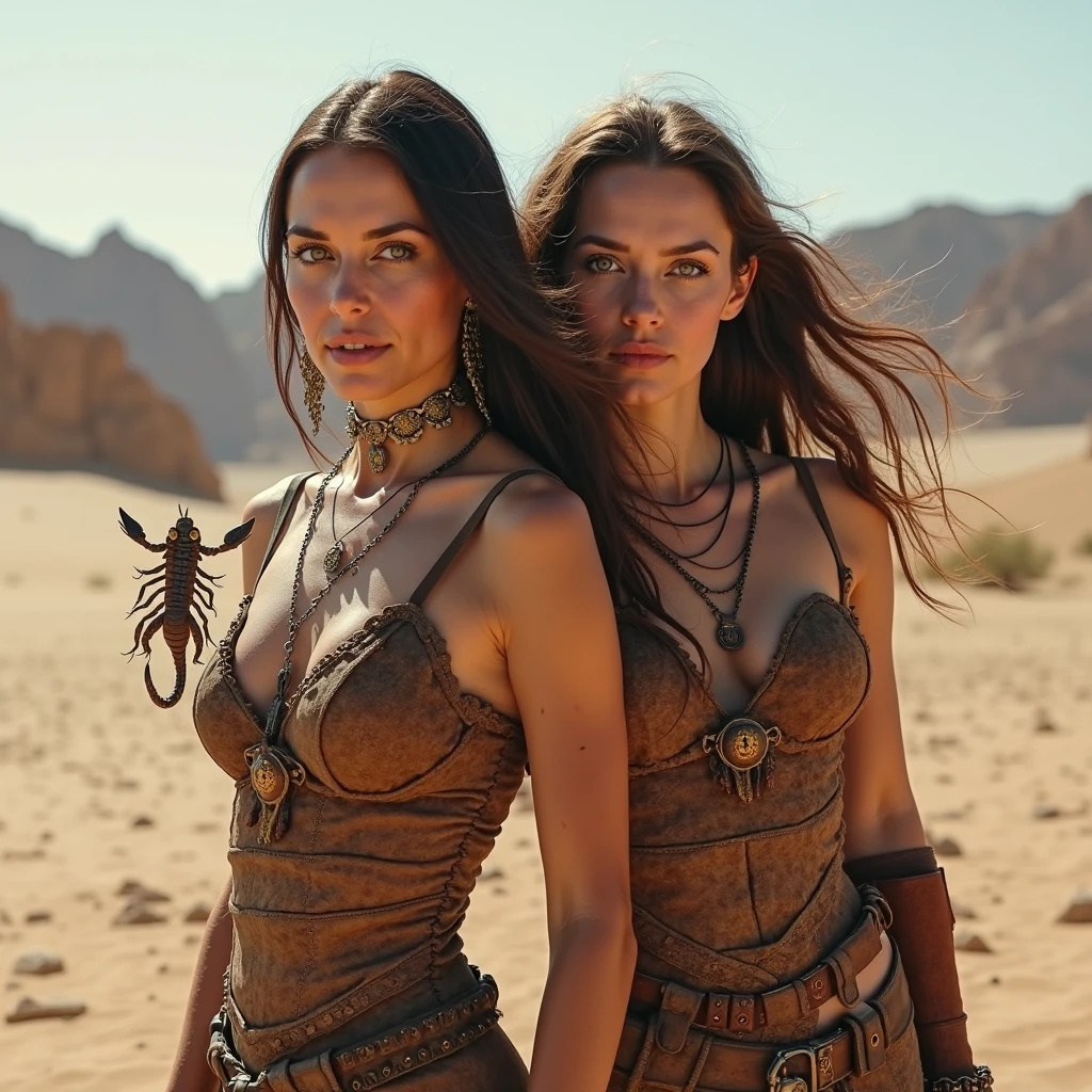 generate only one woman, 21 years old young white woman with dark brown long hairstyle, naked inspired by the movie Mad Max, she walking in the desert, looking away from the camera,