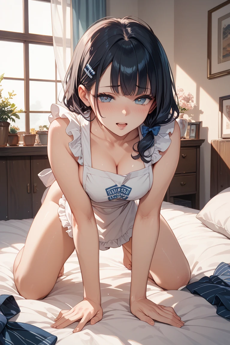 (1 woman), (Micro thong), (((under boob))), ((Crop Top shirt)), ((spread legs, one knee up)), (Sailor school uniform only for the upper body), (white short shirt), summer clothes, ((Red Ribbon Tie)), (((sheer white long thigh-high socks))), (((long gloves))), masterpiece, Best Quality, High quality, High Definition, Finely detailed, Detailed texture, realistic representation of face, Realistic, Colorful, Ray tracing, (((lighting forward))), ahegao, sad, smile, (((crying))), (drooling), (((steam))), (glowing eyes), (Detailed beautiful delicate face, Detailed beautiful eyes, A perfectly proportioned face, High detailed skin, best ratio four finger and one thumb, (((Glowing white shiny skin))), (oiled skin), (large breasts), ((Smooth texture, Realistic texture, Photorealistic)), ((Green eyes)), (((brunette short hair))), (Beautiful face, Cute face, Detailed face), on a bed