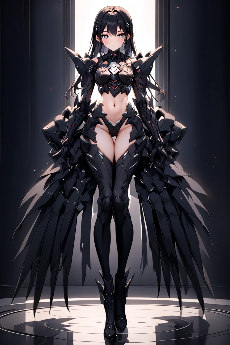 anime lucifer at female with black feathers, vibrant colors and sharp details, Slender body, Large , narrow waist, full body,HUD, 4k, high quality, super detail face