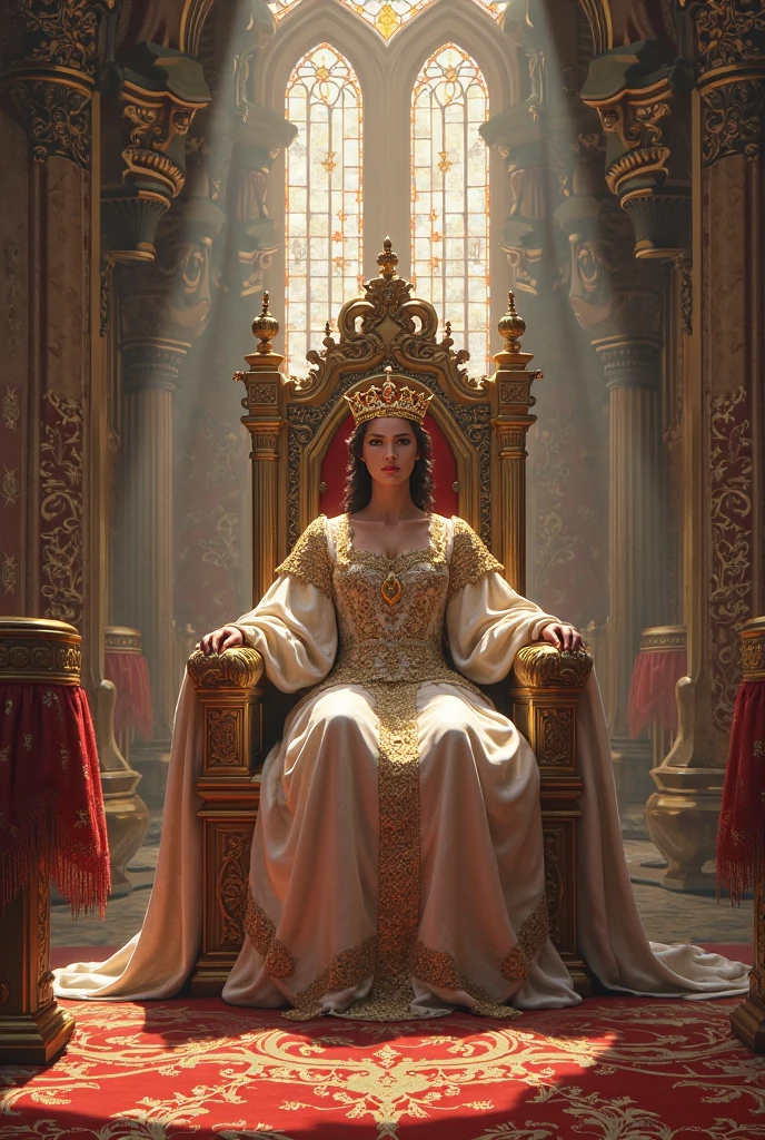 Extremely detailed woman sitting on her throne with reflective diamond details with a dominant pose in front of the stairs, giant and extremely detailed window behind her, with white blacklight, bright blonde hair with bangs, extremely large crown of diamonds, extremely light and bright large blue eyes, freckles, looking down with look of extreme contempt and hatred for the viewer, long, white dress with gold details and red straps, white fuzzy stairs in the middle and red fabric at the ends, with identical gold details in each fold,, extremely strong lighting and shadow on the hair, extremely strong shadow on the face, diamond details,volumetric lighting, unreal render, octane render, perfect face, perfect dress, perfect hands, perfect face, perfect eyes, glamour atmosphere, ray tracing reflections, ray traced, rtx, hdr, sharpen, cinematic, golden hour