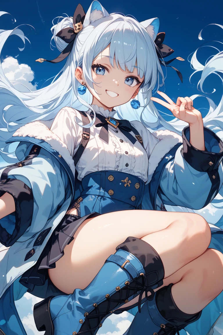 anime style images,woman sitting on throne,Surrounded by blue and white decorations, Genshin impact character, keqing from Genshin impact, 2. 5D CGI anime fantasy artwork, Onmyoji Detailed Art, Genshin, Genshin impact, Popular topics on artstation pixiv, video game Genshin impact, ayaka Genshin impact, Rich in details, Silver-haired girl with twin ponytails posing cutely. . you can even see it. The photo is a close-up of the face, There is cleavage, shiny breasts, cleavage sweating, and sexy breath.bright