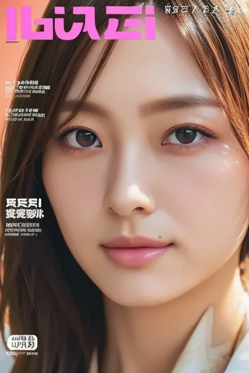 Award-winning,Highest品質, Highest, super detailed face, Ultra-high definition eyes,  super perfect lips ,ultra high resolution,High Quality,detailed portrait,magazine cover featuring Kutai and a beautiful woman in a pink shirt,  magazine photo , 