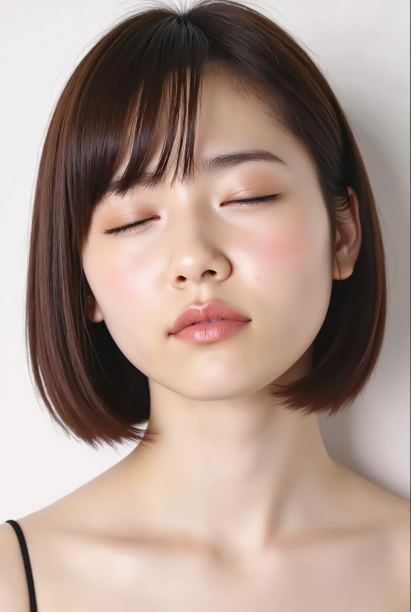 ultra-detailed close-up of a beautiful modern girl, collarbone-up composition, white studio background, soft natural lighting, soft focus on background, 
camera angle slightly elevated (about 60 degrees), subject's chin gently raised, head and face facing forward, body posture suggesting slight tiptoeing, 
eyes gently closed, dreamy and euphoric expression, cheeks and ears flushed with bashful blush, lips tightly puckered and strongly protruding, 
mouth forming a rounded "O" shape like whistling or blowing a kiss, kissy lips, extremely glossy and moist lips with shimmering highlights, 
natural-looking shiny lip gloss as the only makeup, skin is matte with visible peach fuzz and realistic pores, 
subtle facial contour blur to guide viewer’s gaze toward lips, cute and soft dere-dere mood, 
deeply affectionate smile while puckering, hands behind the back and not visible, black camisole straps slightly visible, 
overall overflowing with affection, adorably  and shy charm, longing and dazed joy, subtly coquettish expression, 
no vintage look, fully modern skin tone, hair texture and color corrected to current aesthetic standards
