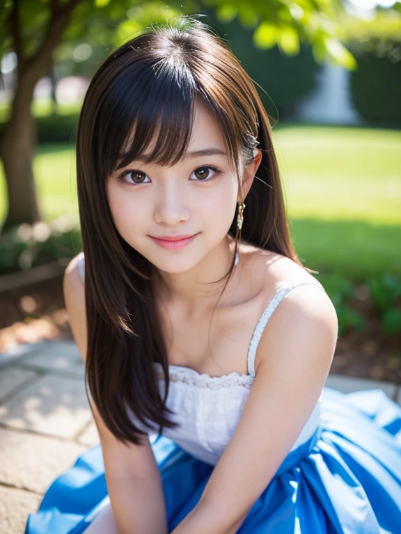 (Best-quality, Masterpiece, Ultra-High-Resolution, (Photorealistic:1.4), Raw Photo, depth of field, professional lighting, perfect anatomy, extremely details, perfect body, perfect hands, perfect fingers), 1girl, 15-years-old, the most famous Japanese idol, cowboy shot, at amazingly beautiful park, ((wearing casual dress with cute-design)), (extremely cute face like the most popular Japanese idol, ((extremely cute and extremely big eyes)), extremely cute hair, extremely beautiful skins), extremely cute cheeks, extremely cute long-eyelashes, extremely cute lips, looking at viewer, innocent smile, detailed amazingly-beautiful-park