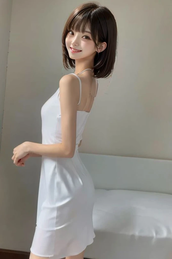 masutepiece, Best Quality, Black eyes、Japanese ido、(:1.5)、(Embarrassed look:1.3) 、(pretty pose:1.6)、(Smaller chest)、Neat and clean costume,(Smooth short-cut hair:1.7)、Very white skin、Letting down your bangs、Detailed body、Detailed hand、No makeup