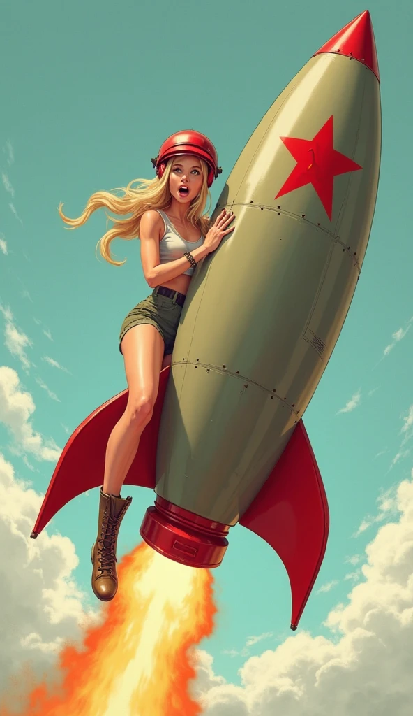 1girl: (a perfect hourglass figure blonde sexy-leotard gloves boots -helmet utility-belt) riding a retro-rocket, fire coming from back of rocket, space background. extremely detailed, photorealistic, masterpiece <lora:RocketRide:0.5> rocketride