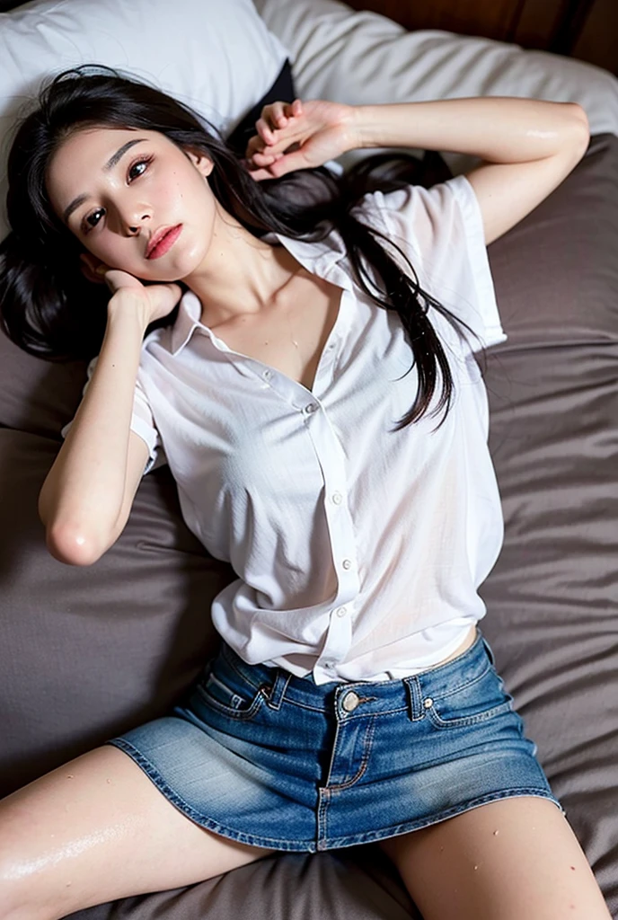(8K, RAW Photos,Highest quality, High resolution:1.1), (超Realisticな:1.4),(Realistic, Realistic:1.3),The Beauty of Japan、masterpiece, Realisticな, In 8K, Best image quality, Highest quality, 1 girl, (Esbian all over), Absurdな, High resolution, Photorealistic, Realistic skin texture, Seeing the viewer, 8K Ultra HD, RAW Photos, masterpiece, Highest quality, Realistic, photo Realistic, 非常に詳細な CG ユニティ 8K 壁紙, Absurd, Highly detailed skin, close, throw, From above, orgasm, Ecstasy, Open your mouth, Lying down, Sleeping in bed, (chest), (Button unbuttoned , shirt:1.3), Underarm, Leg spread, short hair, Shiny skin, Wet Skin,