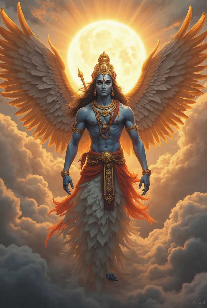 Garuda in White clothes from Hindu Mythology, fair complexion, very handsome, divine, celestial, Garuda Hindu god, God of Birds,